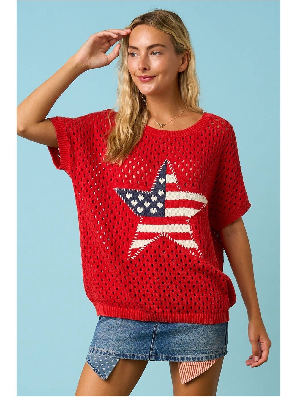 USA Star Patch Open Knit Short Sleeve Sweater Top